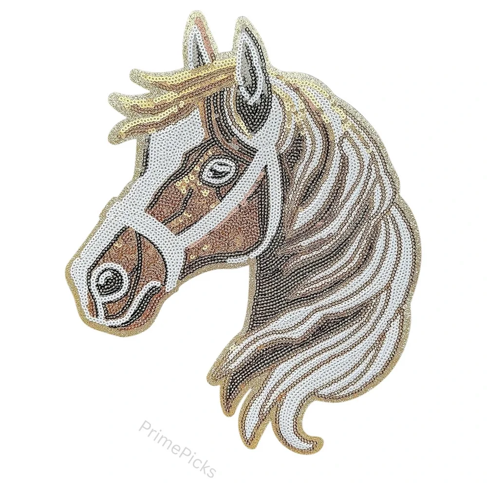 Sequin Horse Head Iron-On Patch 10x8.5 Large Equestrian Applique DIY Craft